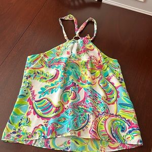 Lilly Pulitzer Silk Halter Top w Gold Bamboo Ring Detail